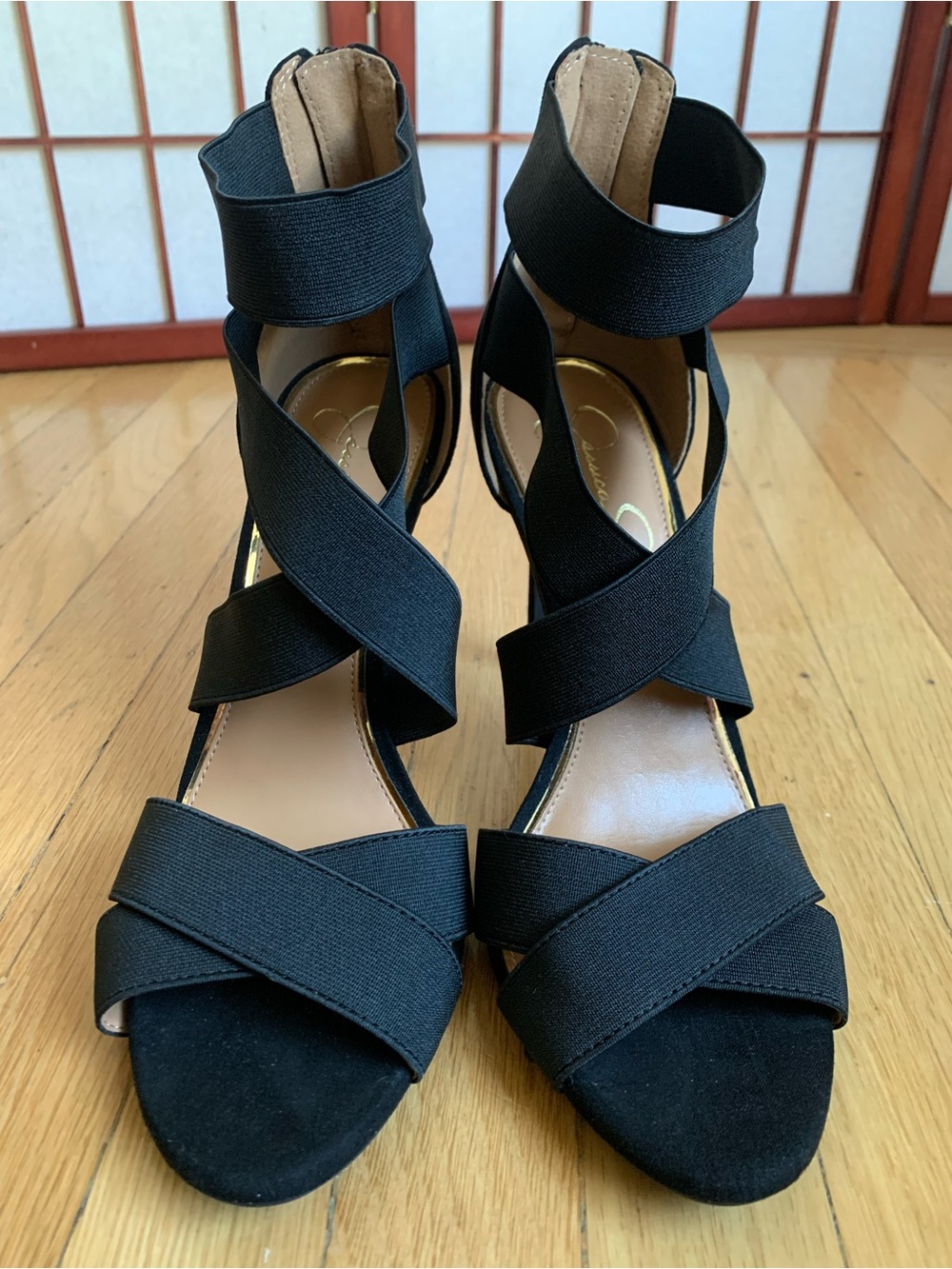EUC JESSICA SIMPSON JULLRY Black Hi-Heel Back-Zip Elastic-Band Straps Size 10M - Picture 7 of 15